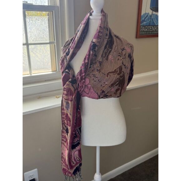100% Cashmere Scarf Elephant Botanical Jacquard Purple Tan Reversible Fringe - Picture 3 of 7